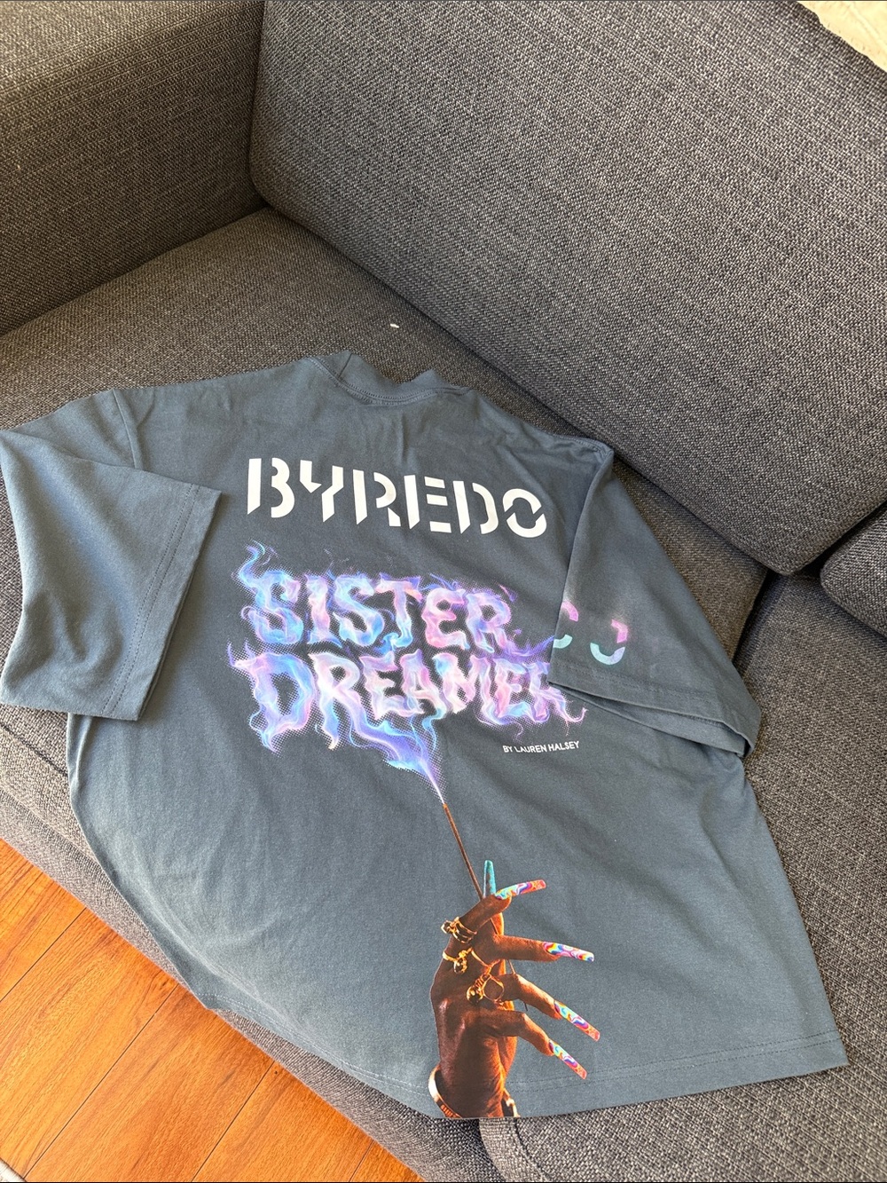 Byredo NEW Size M “Sister Dreamer”  Charcoal Shaka Wear Tee with Hand Painting.